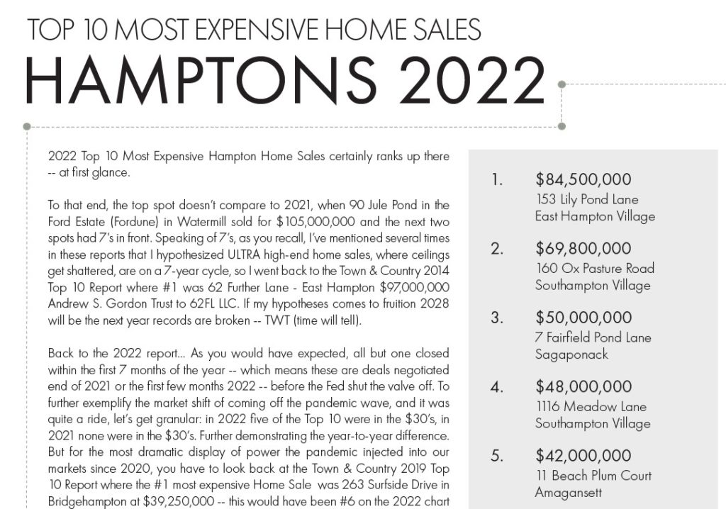 Top 10 Most Expensive Home Sales - Hamptons 2022